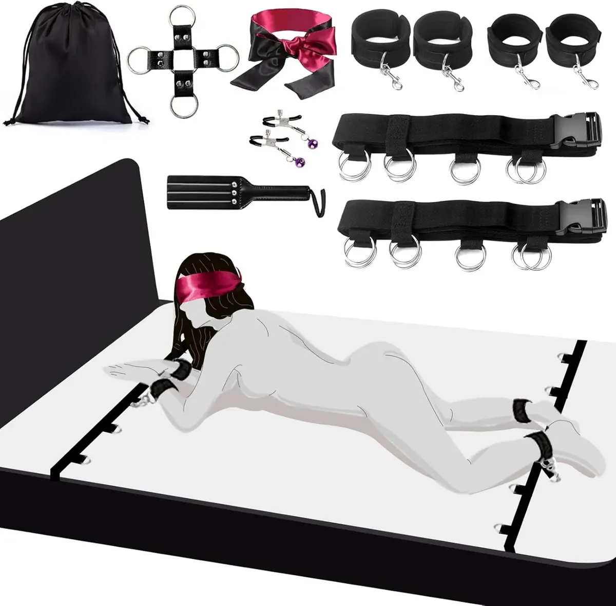 BDSM Bettfesseln Set mit Handschellen & Augenbinde