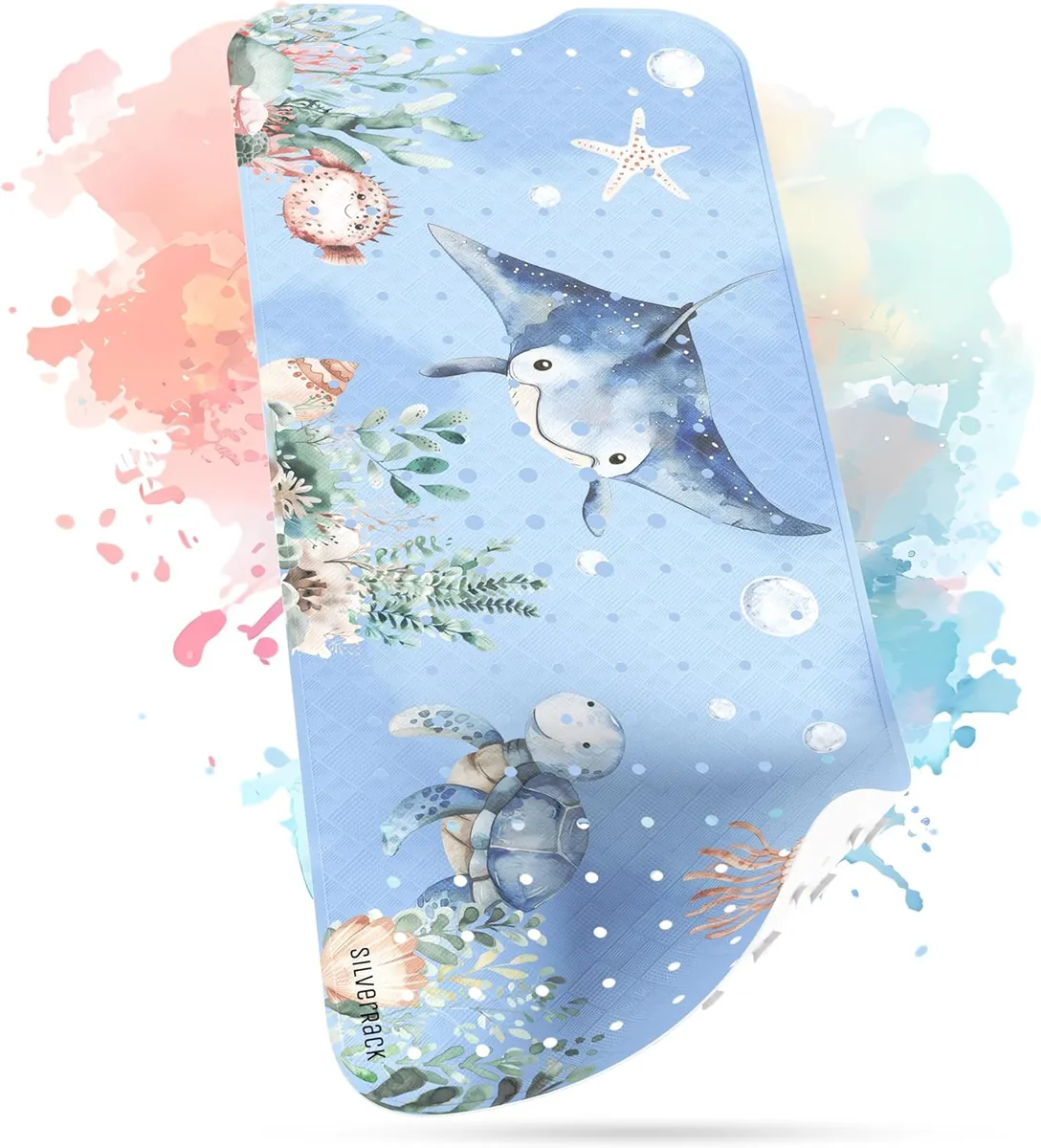Antirutsch Badewannenmatte Kinder, 100 x 40 cm (Rechteckig) Rochen Unterwasserwelt Blau
