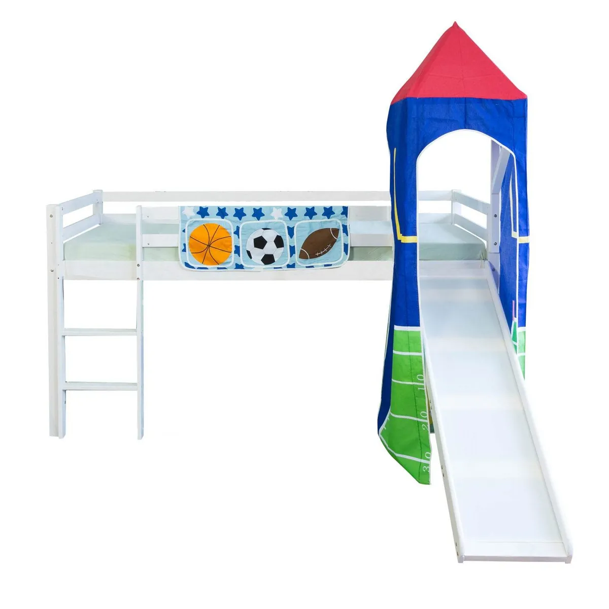 Hochbett 90x200 cm mit Leiter Rutsche Turm Bettgestell Holz Massiv Blau Grün