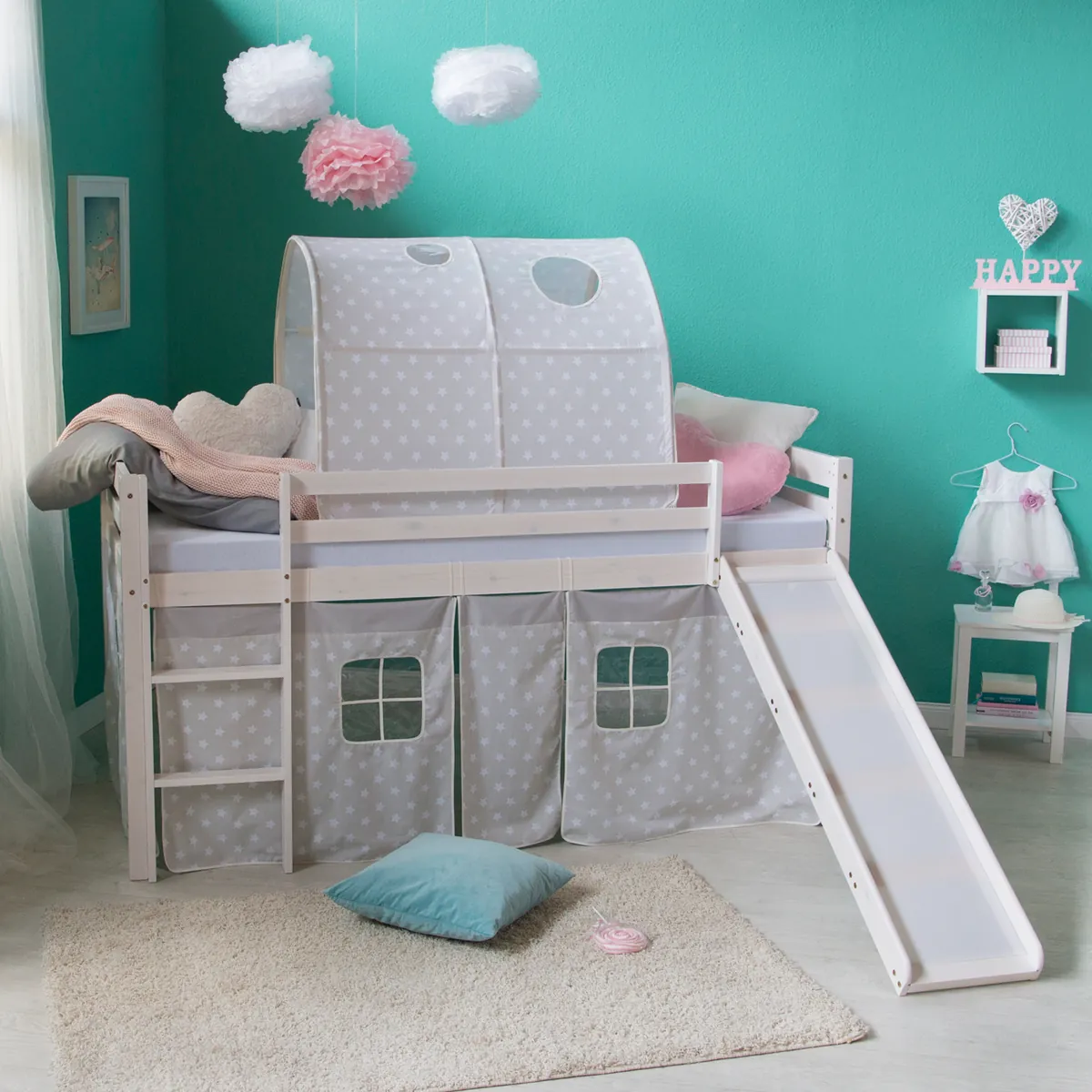 Hochbett Kinder 90x200 cm Weiss mit Vorhang Sterne | Tunnel | Rutsche | ohne Lattenrost