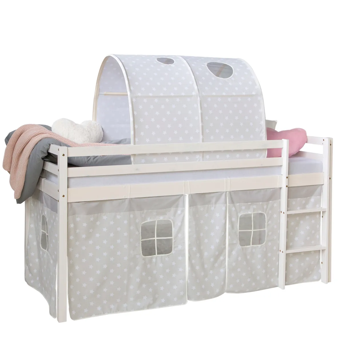 Hochbett Kinder 90x200 cm Weiss mit Vorhang Sterne | Tunnel | ohne Lattenrost