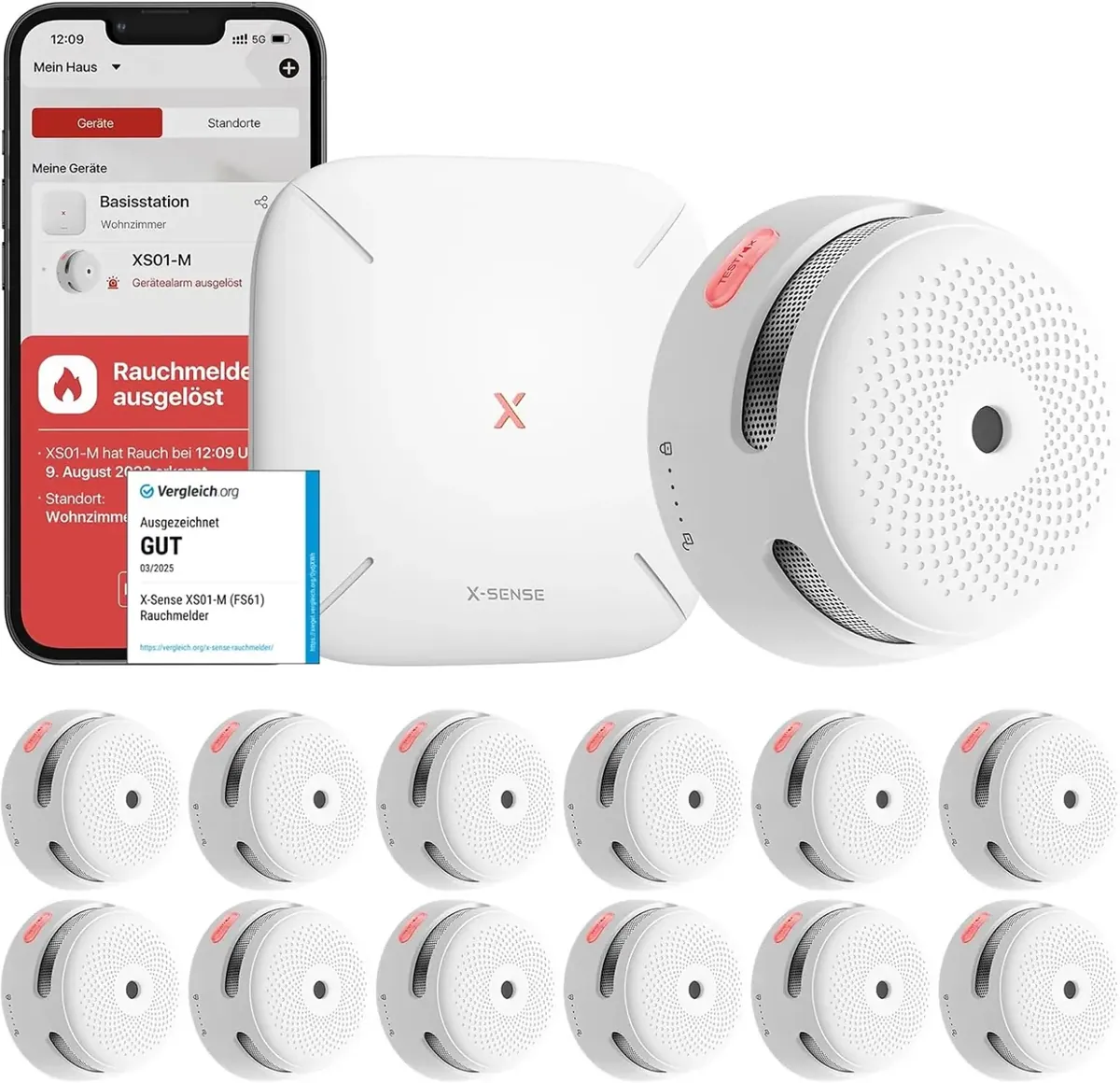 Smart Rauchmelder-Set mit WLAN-Basisstation (12 Stück), FS121 Kit mit SBS50 Basisstation Weiss