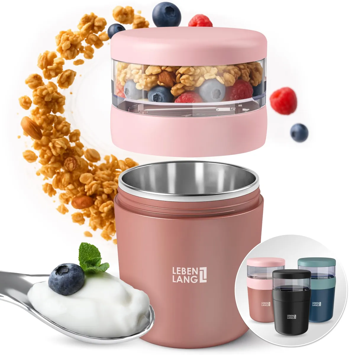 Müslibecher To Go mit Löffel, Rosa 500ml + 150ml