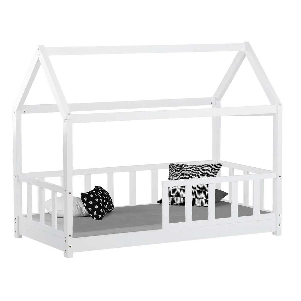 Kinderbett 80x160 cm Weiss | Hausbett mit Rausfallschutz | Montessori | mit Lattenrost