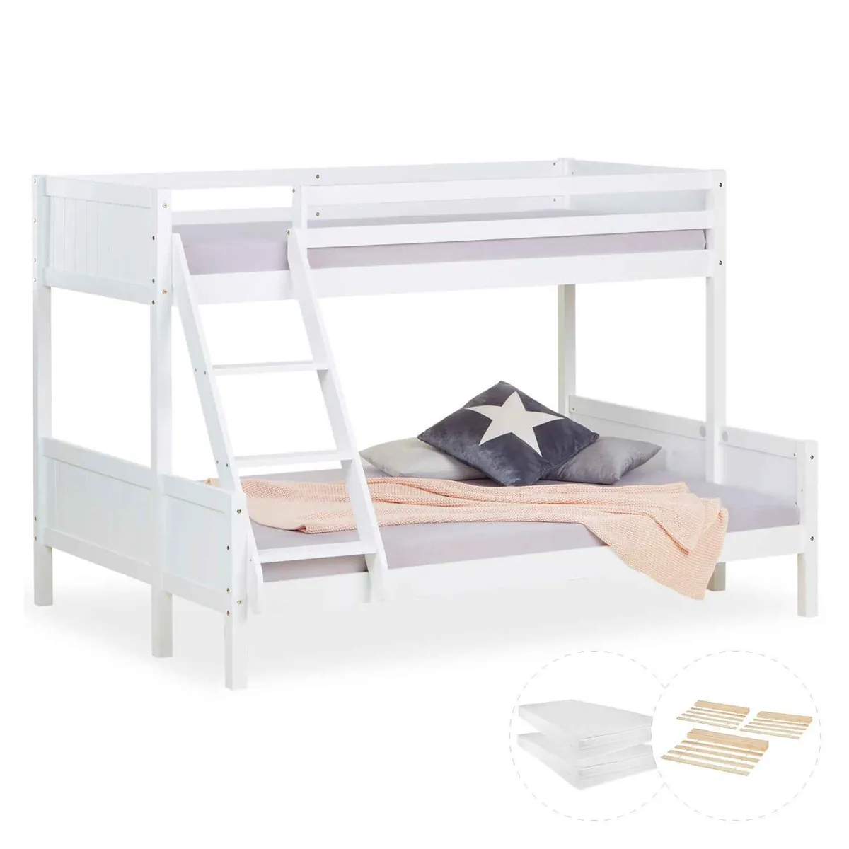 Etagenbett 90x200 und 140x200 Hochbett Weiss Holz mit Lattenrost 2 Matratzen
