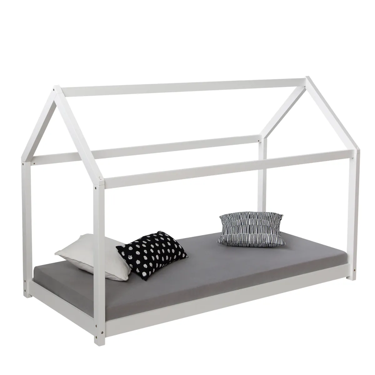 Kinderbett Hausbett mit Lattenrost Matratze Kinderhaus 90x200 Weiss Holz Kiefer
