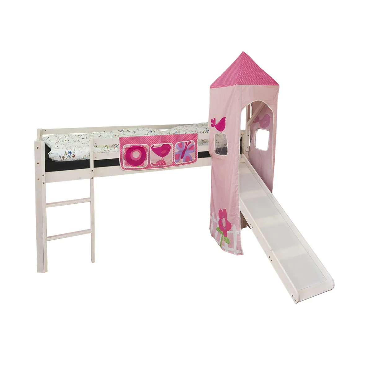 Hochbett Kinder 90x200 cm Weiss mit Vorhang Pink Rosa | Turm | Rutsche | ohne Lattenrost