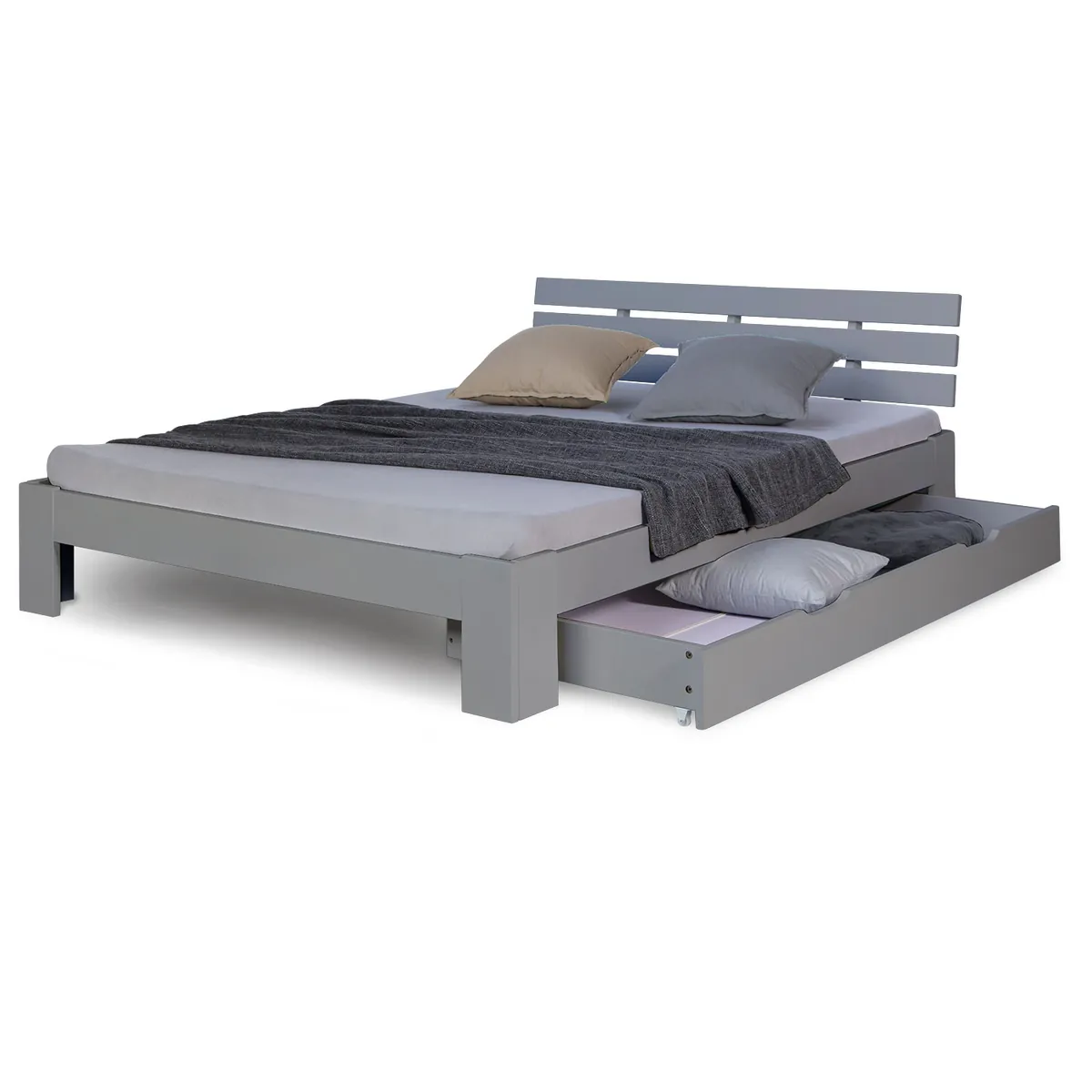 Holzbett 140x200 cm Grau | Doppelbett mit Bettkasten | mit Lattenrost | massiv | Kind Jugend Gast