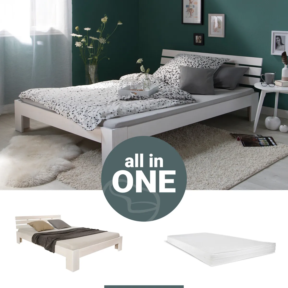 Holzbett mit Matratze und Lattenrost 140x200 Bett Weiss