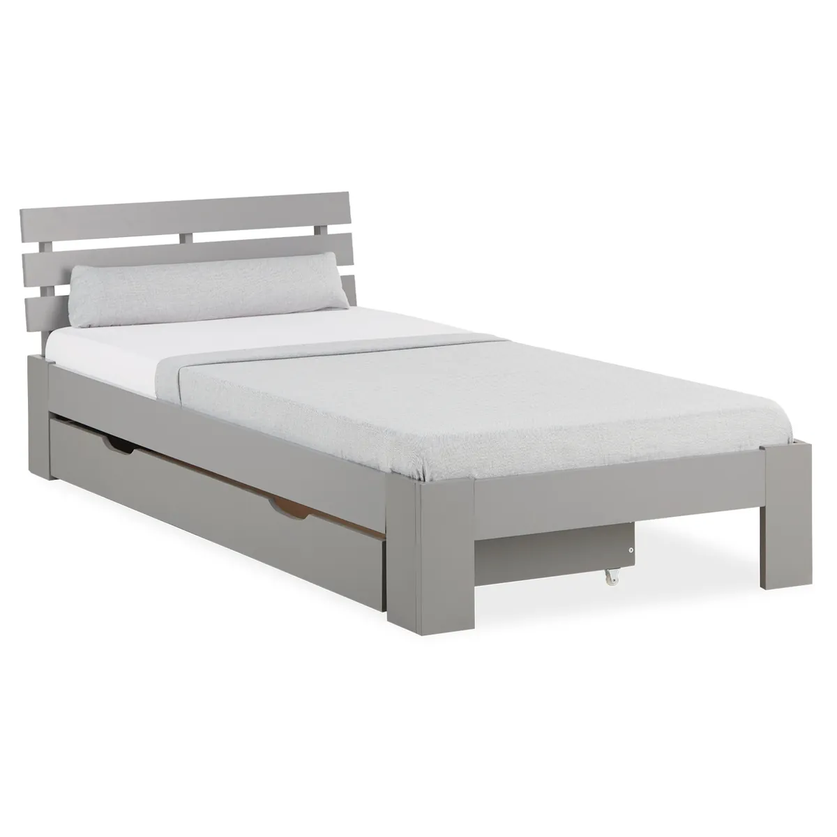 Holzbett 90x200 cm Grau | Einzelbett mit Bettkasten | mit Lattenrost | massiv | Kind Jugend Gast