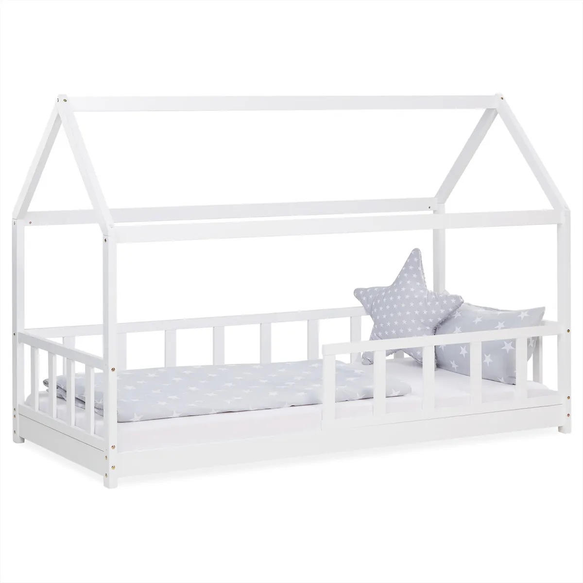 Kinderbett 90x200 cm Weiss | Hausbett mit Rausfallschutz | Montessori | Einzelbett | mit Lattenrost | Holz