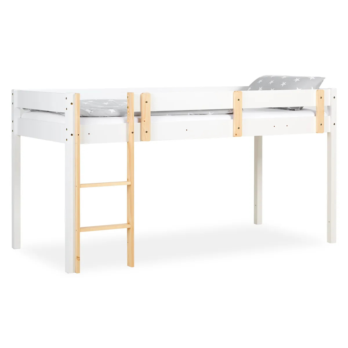 Hochbett Kinder 90x200 cm Weiss | Leiter Natur | Rausfallschutz | mit Lattenrost