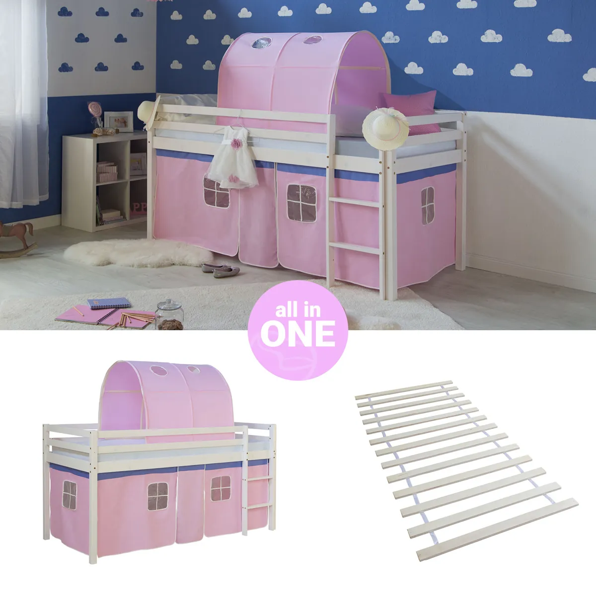 Hochbett Kinder 90x200 cm Weiss mit Vorhang in Rosa | Tunnel | mit Lattenrost