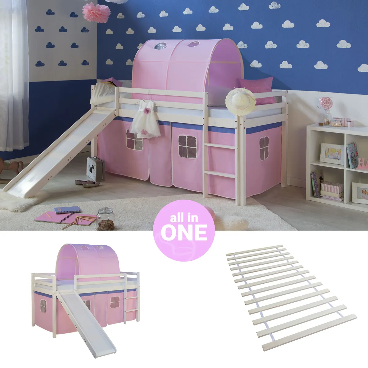 Hochbett Kinder 90x200 cm Weiss mit Vorhang in Rosa | Tunnel | Rutsche | mit Lattenrost