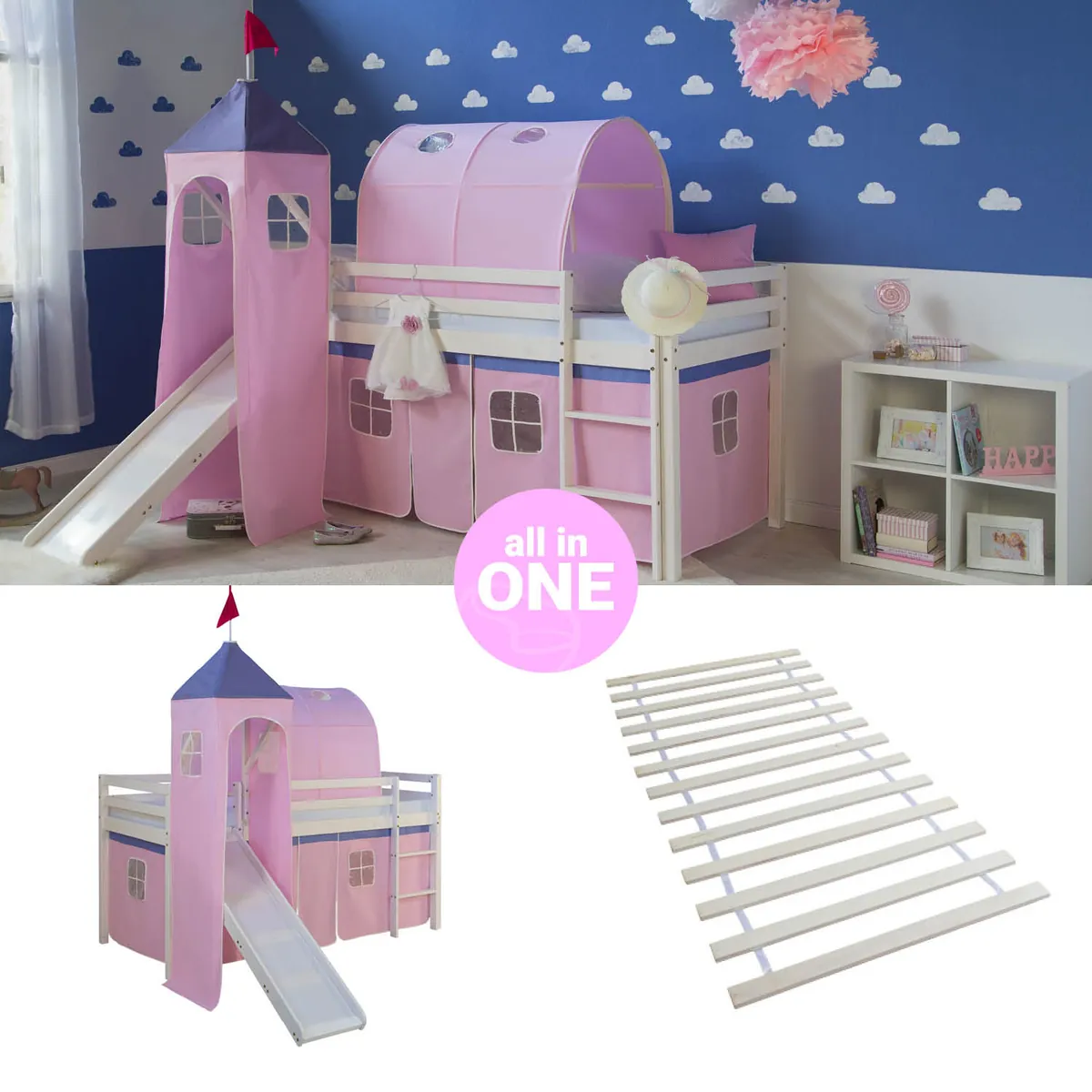 Hochbett Kinder 90x200 cm Weiss mit Vorhang in Rosa | Tunnel | Turm | Rutsche | mit Lattenrost
