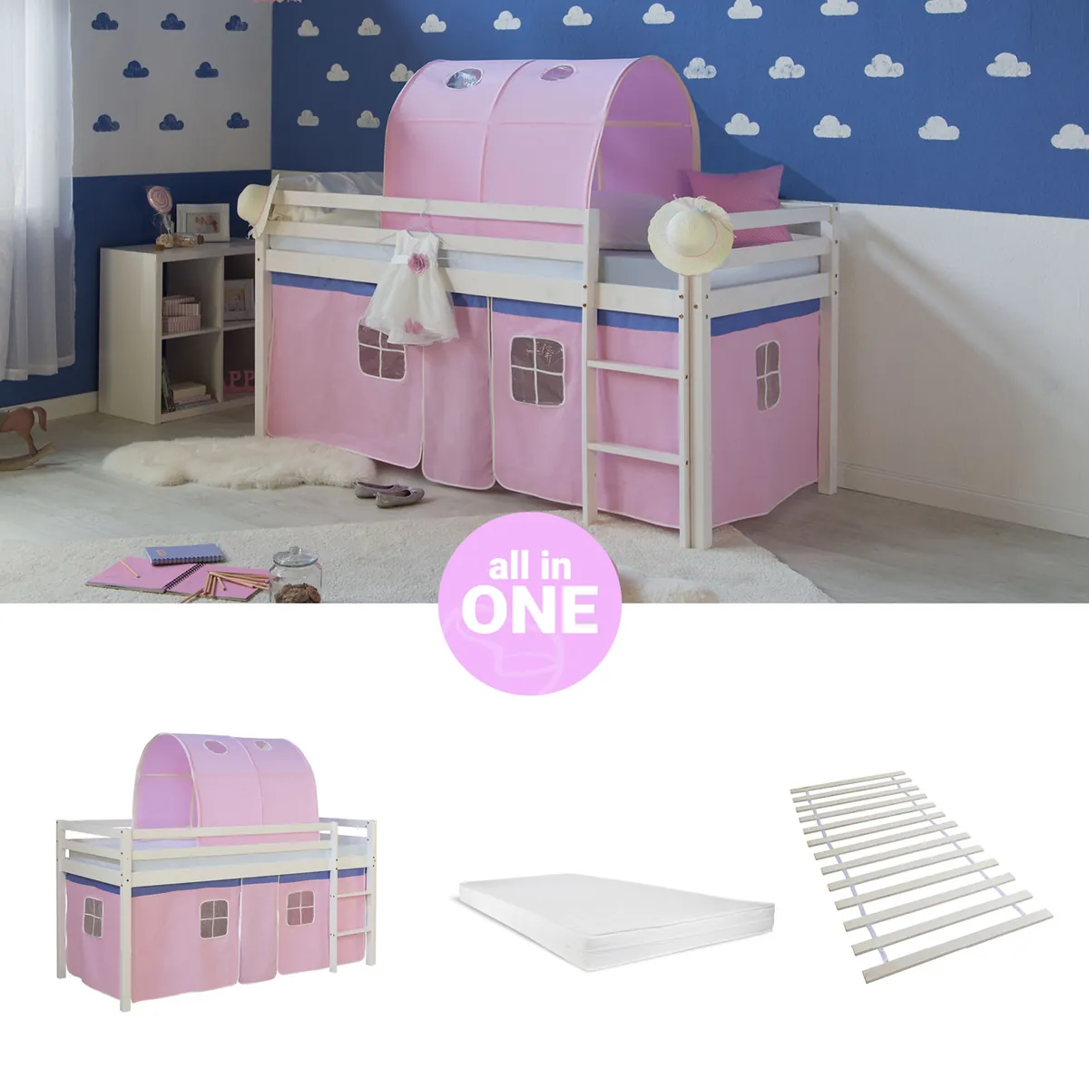 Hochbett Kinder 90x200 cm Weiss mit Vorhang in Rosa Tunnel | mit Lattenrost | mit Matratze