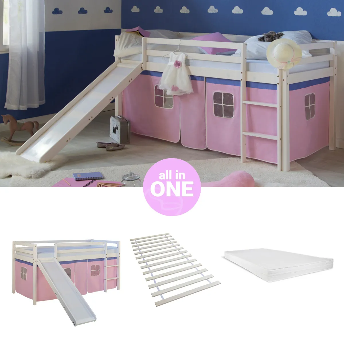 Hochbett Kinder 90x200 cm Weiss mit Vorhang in Rosa | Rutsche | mit Lattenrost | mit Matratze