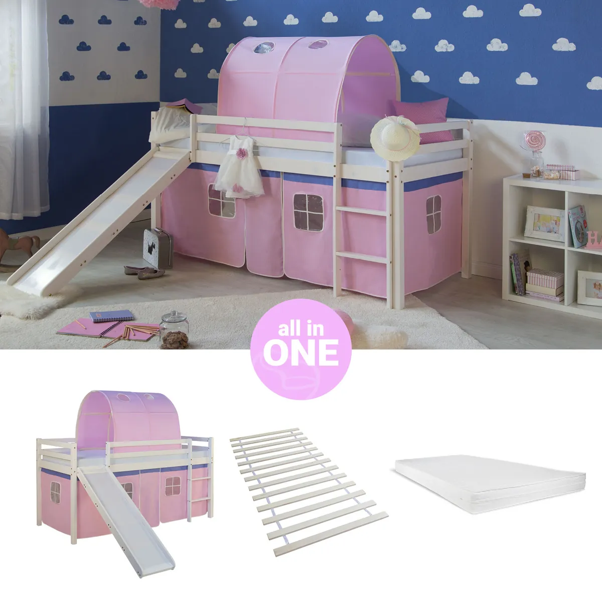 Hochbett Kinder 90x200 cm Weiss mit Vorhang in Rosa | Rutsche | Tunnel | mit Lattenrost | mit Matratze