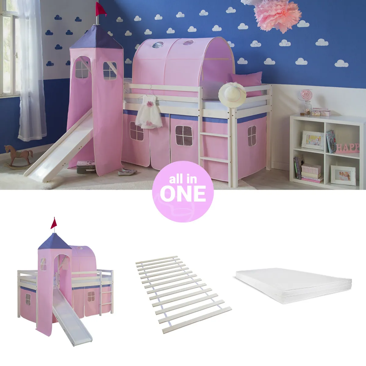 Hochbett Kinder 90x200 cm Weiss mit Vorhang in Rosa Rutsche Turm Tunnel mit Lattenrost mit Matratze