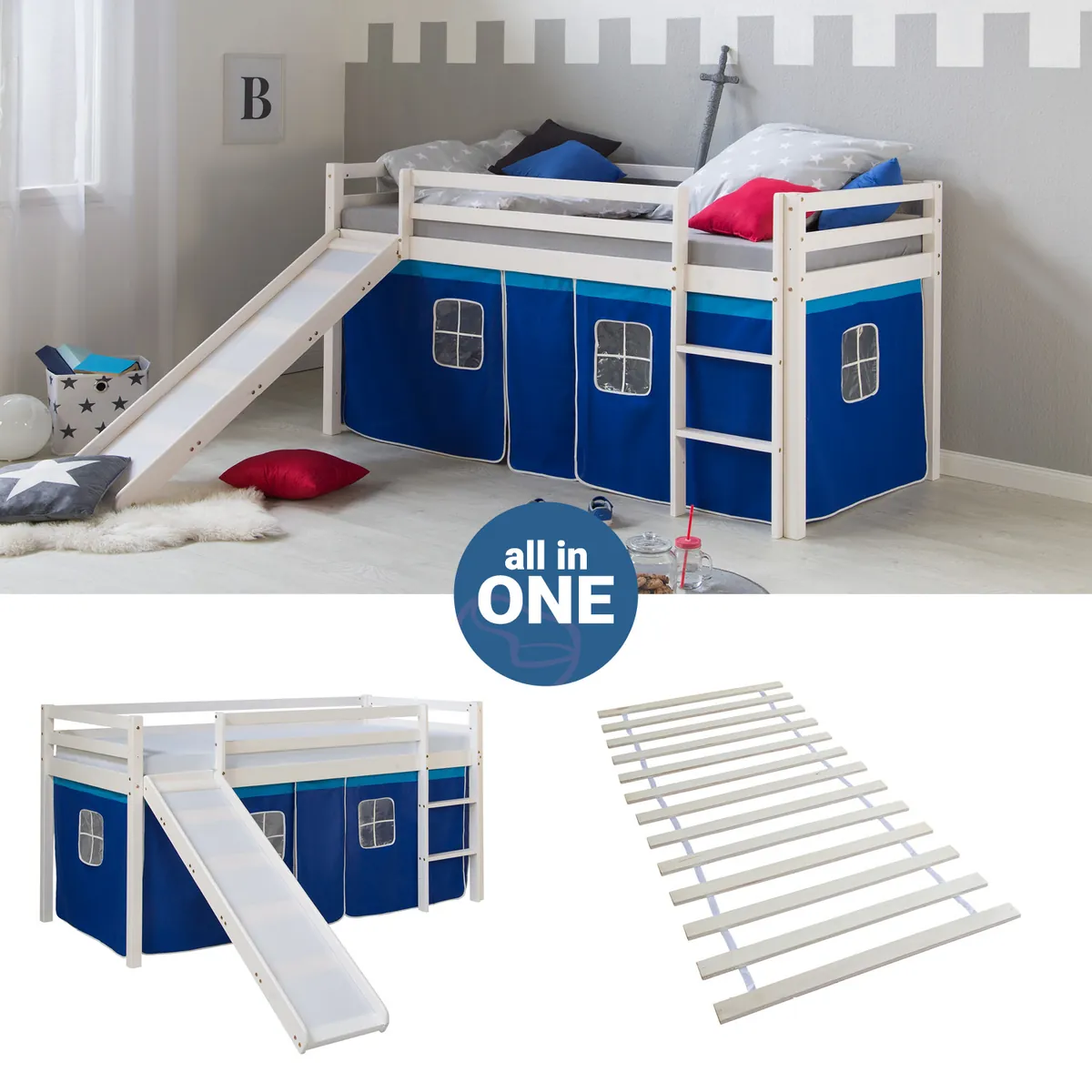 Hochbett Kinder 90x200 cm Weiss mit Vorhang in Blau | Rutsche | mit Lattenrost