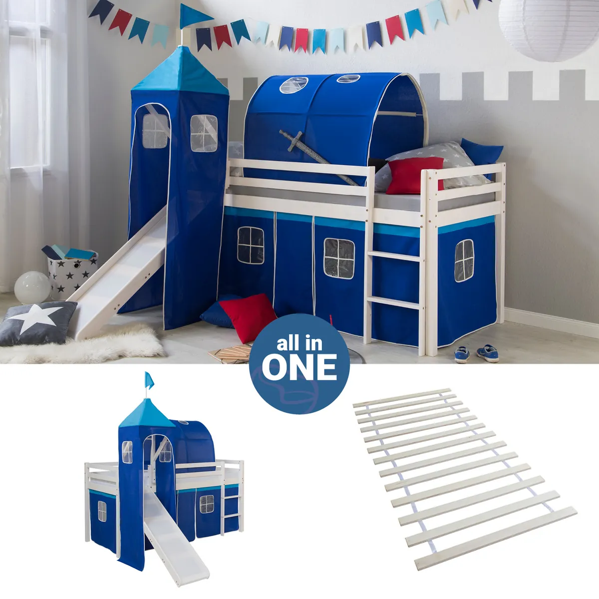 Hochbett Kinder 90x200 cm Weiss mit Vorhang in Blau | Tunnel | Turm | Rutsche | mit Lattenrost