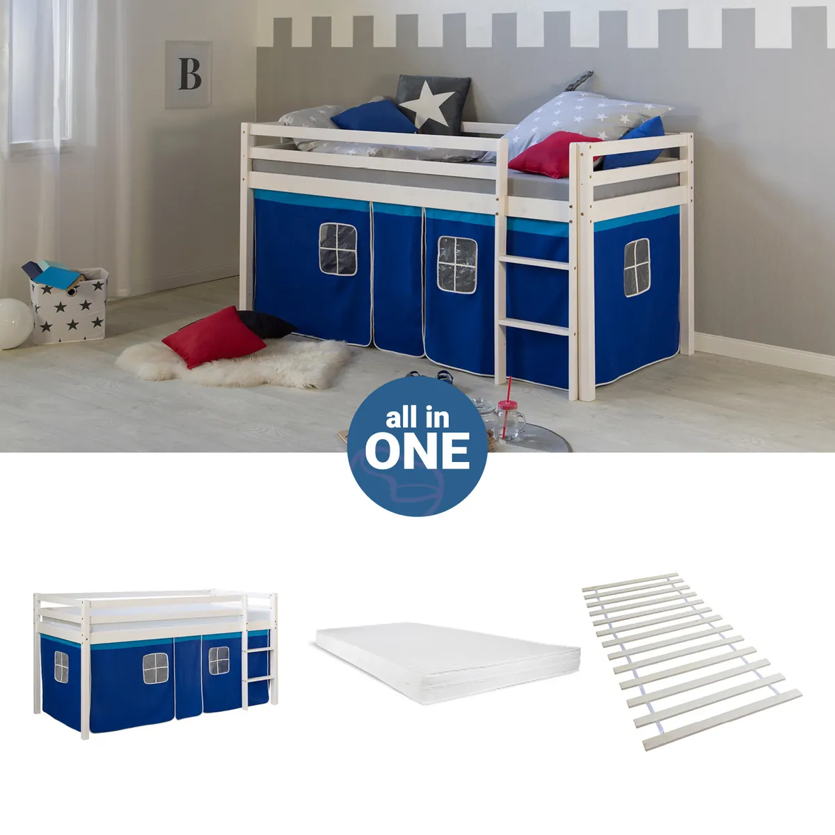 Hochbett mit Matratze 90x200 Kinderbett Leiter Holz Kiefer Vorhang Blau Lattenrost