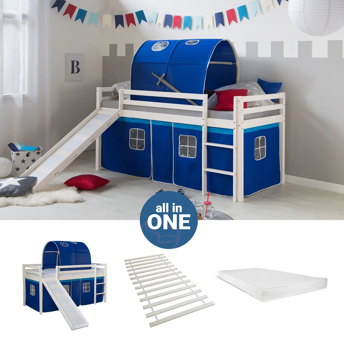 Hochbett mit Matratze 90x200 Rutsche Vorhang Tunnel blau Spielbett Lattenrost