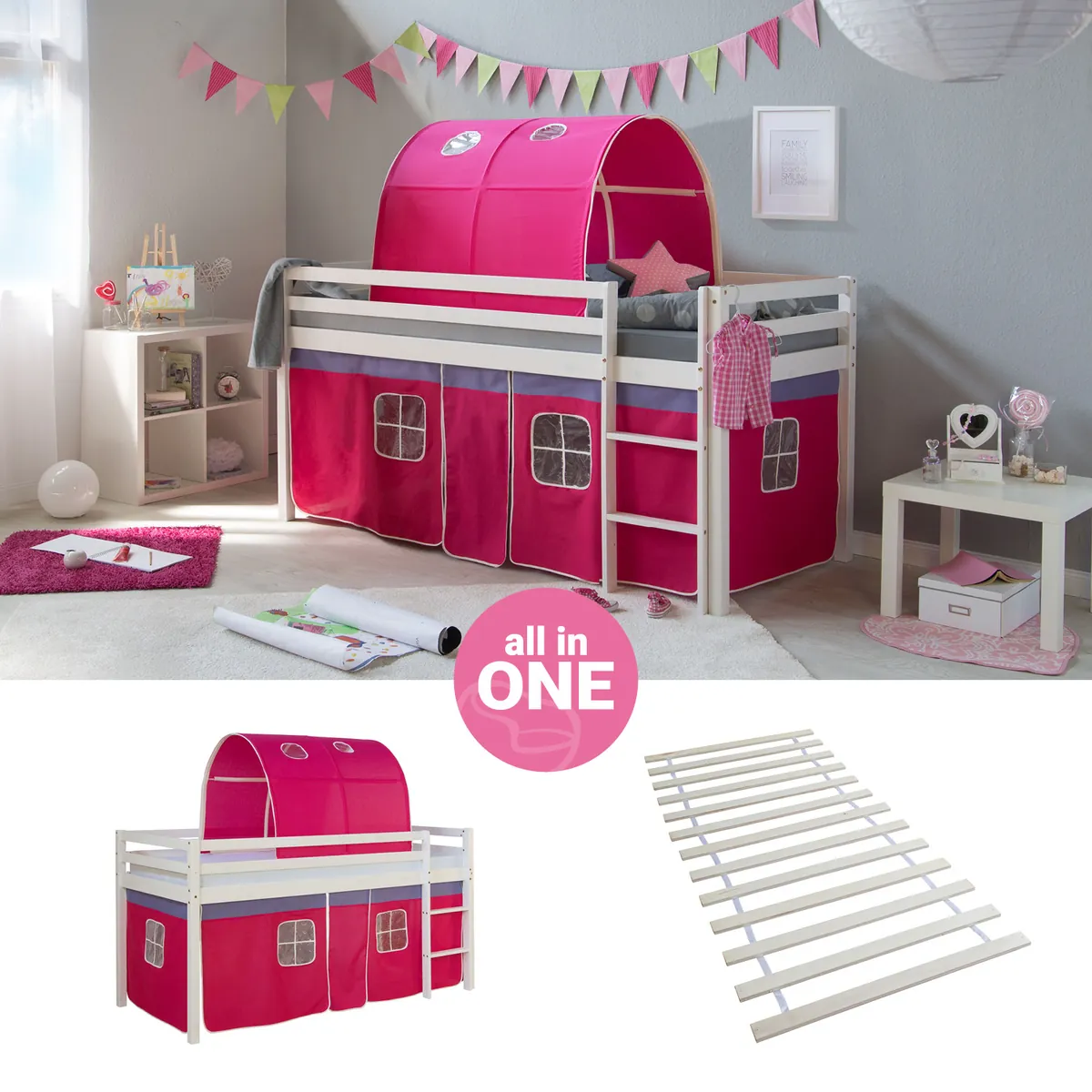 Hochbett Kinder 90x200 cm Weiss mit Vorhang in Pink | Tunnel | mit Lattenrost