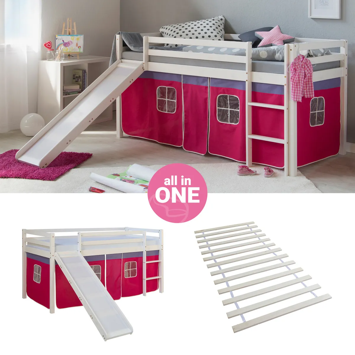 Hochbett Kinder 90x200 cm Weiss mit Vorhang in Pink | Rutsche | mit Lattenrost