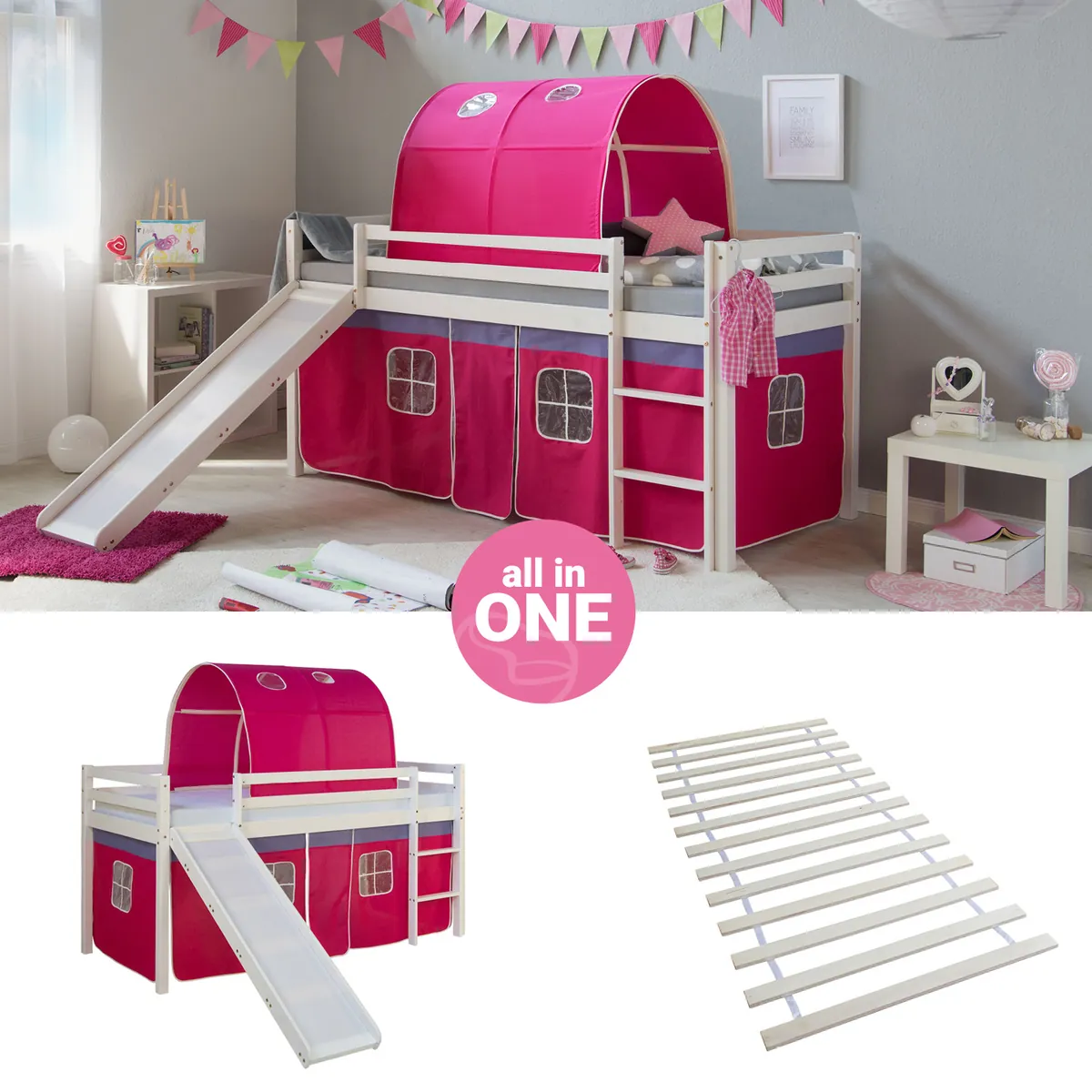Hochbett Kinder 90x200 cm Weiss mit Vorhang in Pink | Tunnel | Rutsche | mit Lattenrost