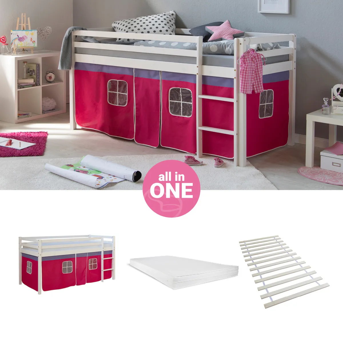 Hochbett mit Matratze 90x200 Kinderbett Leiter Holz Kiefer Vorhang Pink Lattenrost