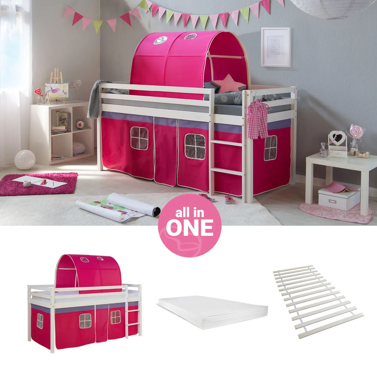 Hochbett mit Matratze 90x200 cm Kinderbett Tunnel Vorhang Pink Holz Kiefer Lattenrost