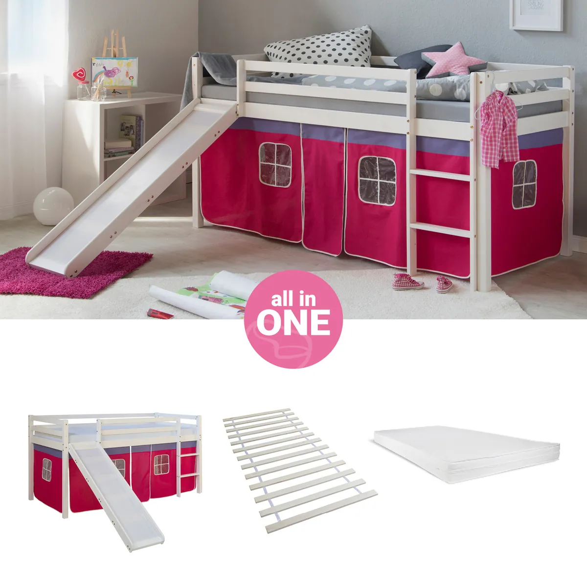 Hochbett mit Matratze 90x200 cm Rutsche Leiter Holz Kiefer Vorhang Pink Lattenrost