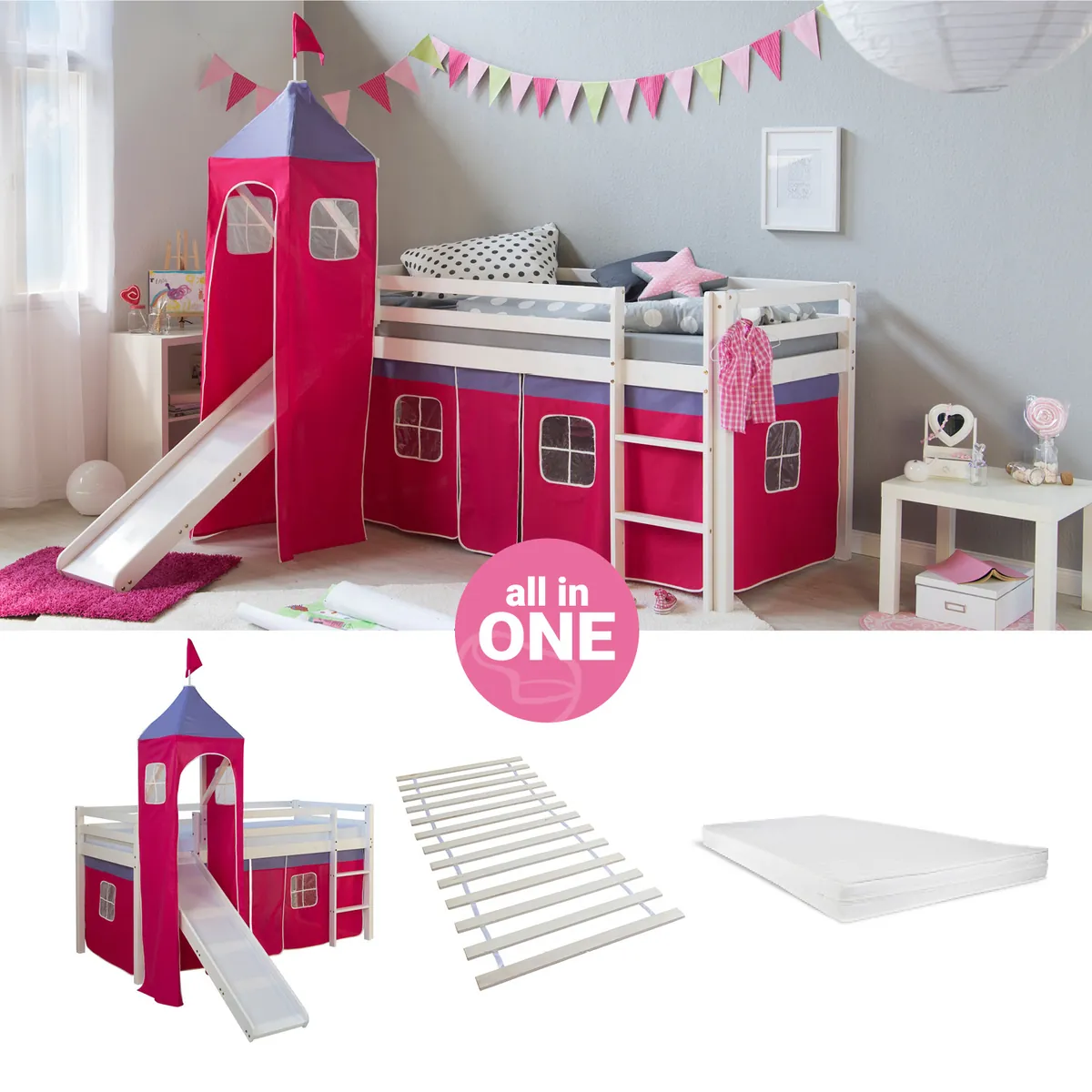 Hochbett mit Matratze 90x200 cm Turm Rutsche Leiter Holz Kiefer Vorhang pink Lattenrost
