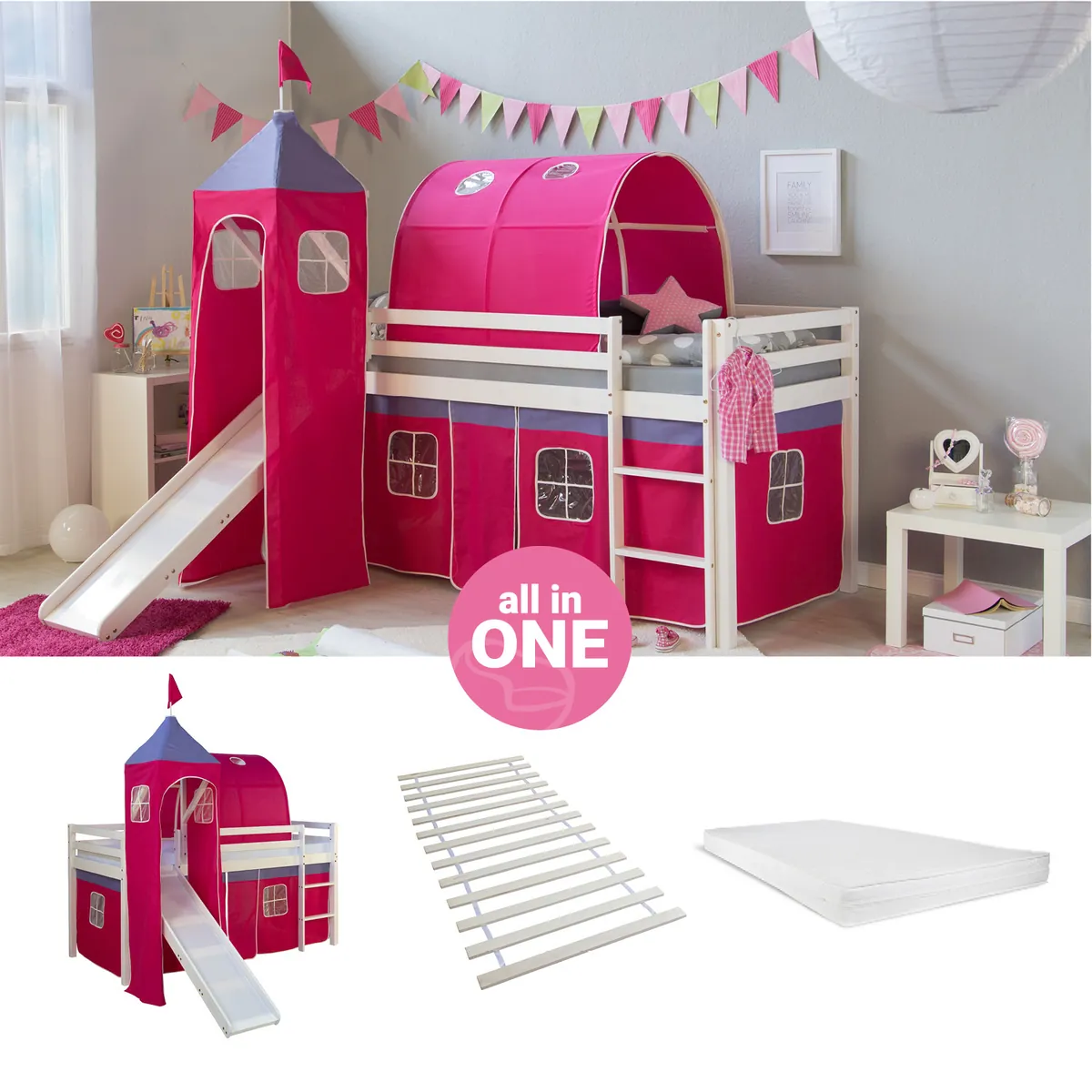 Hochbett mit Matratze 90x200 cm Turm Tunnel Rutsche Leiter Vorhang pink Lattenrost