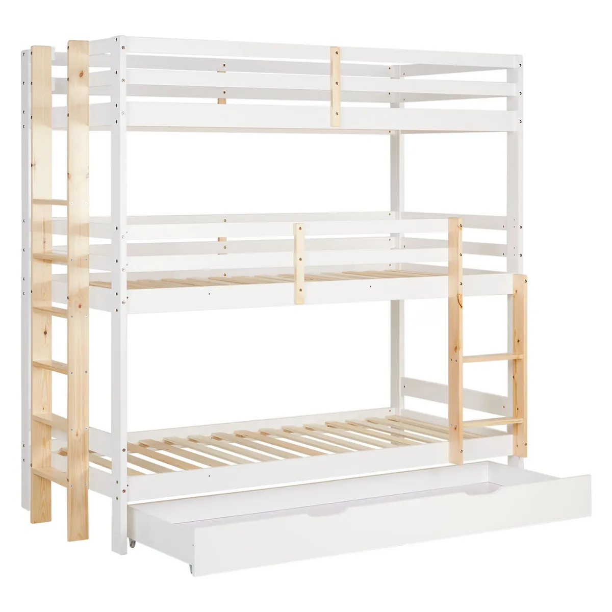 Etagenbett 3 Ebenen 90x200 cm Weiss | Leitern Natur | mit Bettkasten | mit Lattenrost