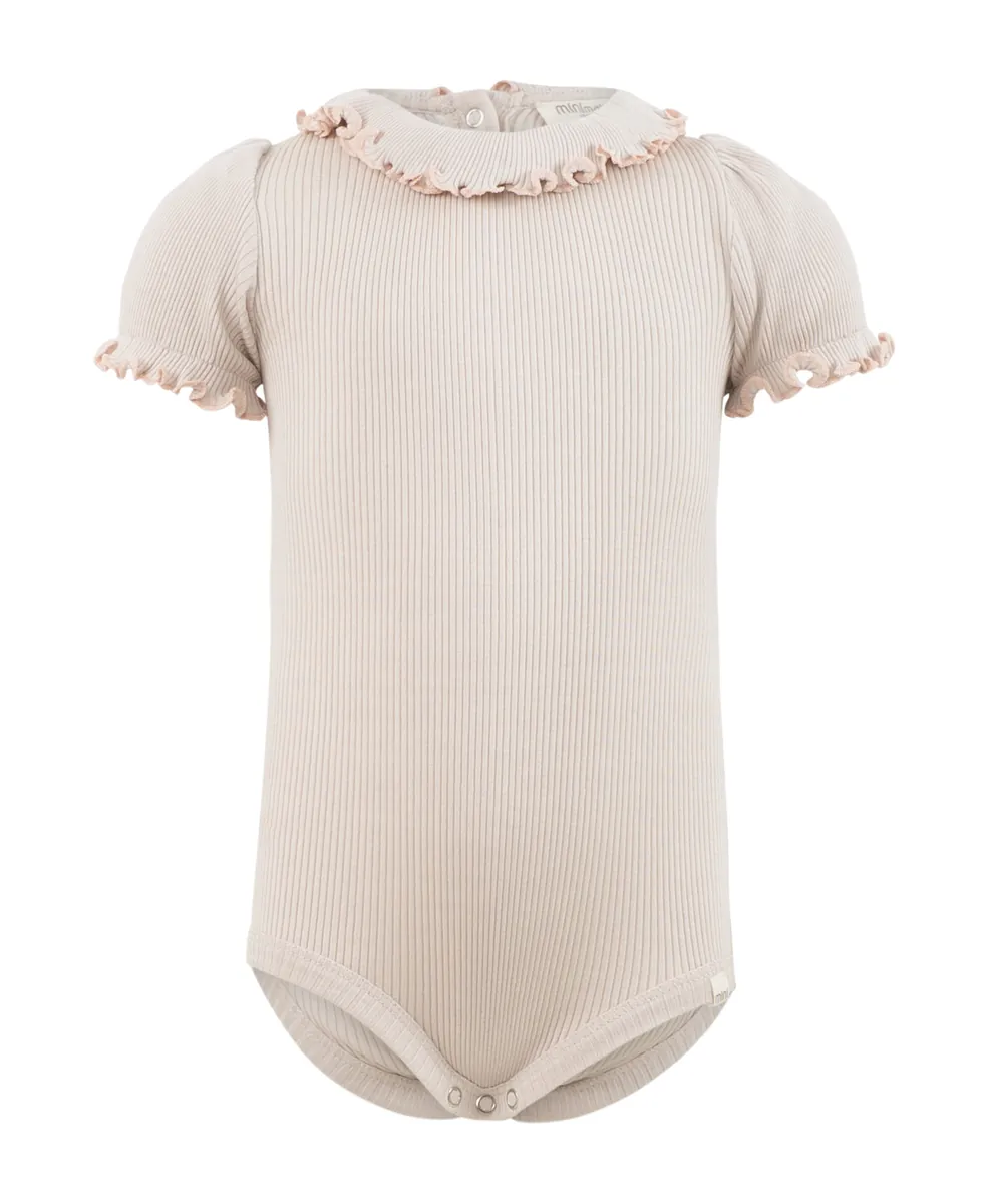 minimalisma Kurzarmbody Seide-Baumwolle "Bohemia" Ecru mit Sweet Rose