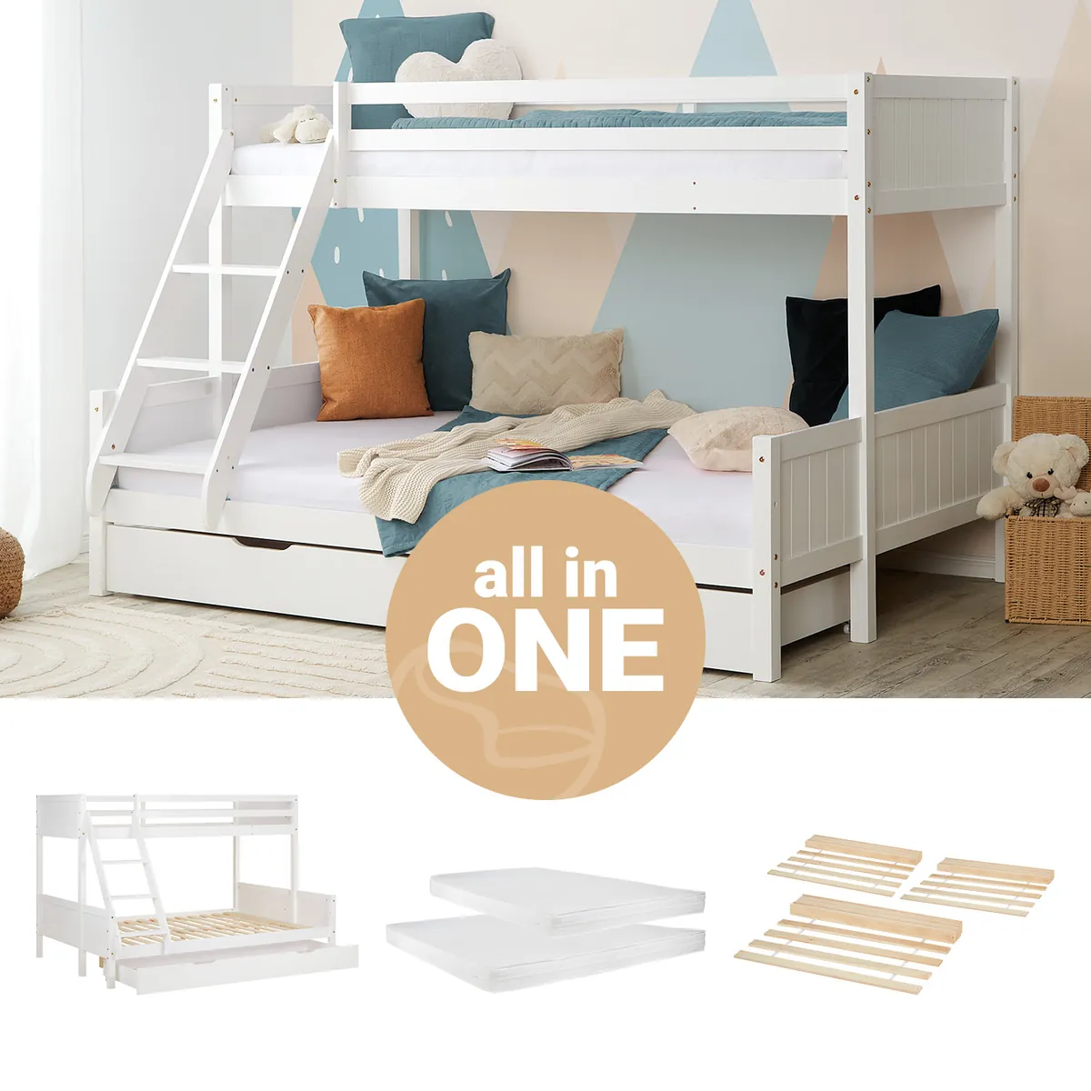 Kinderbett mit 2 Matratzen Etagenbett 90x200 und 140x200 mit Bettkasten Weiss
