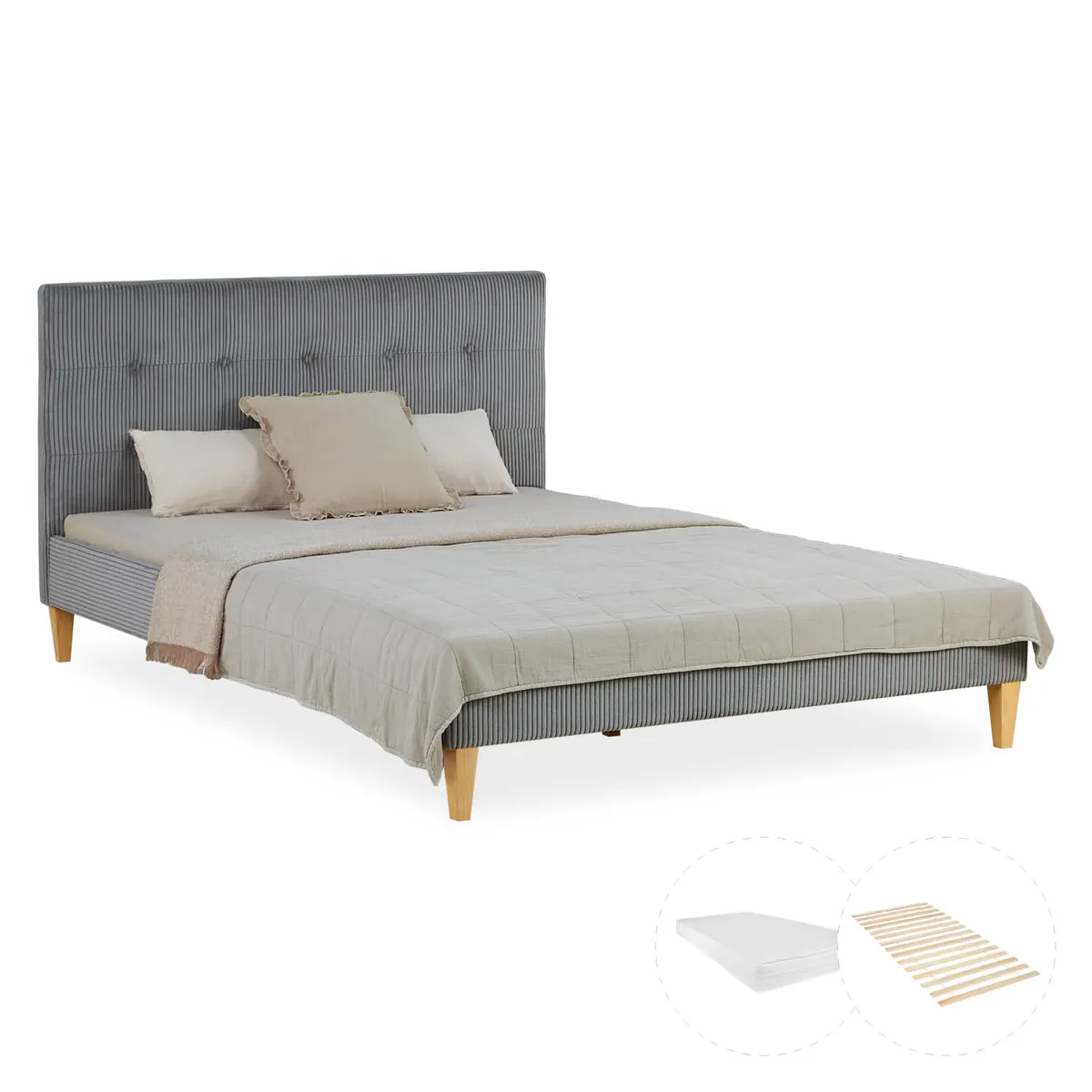 Polsterbett 140x200 cm Grau Cord | mit Lattenrost | mit Matratze | Doppelbett Stoffbett