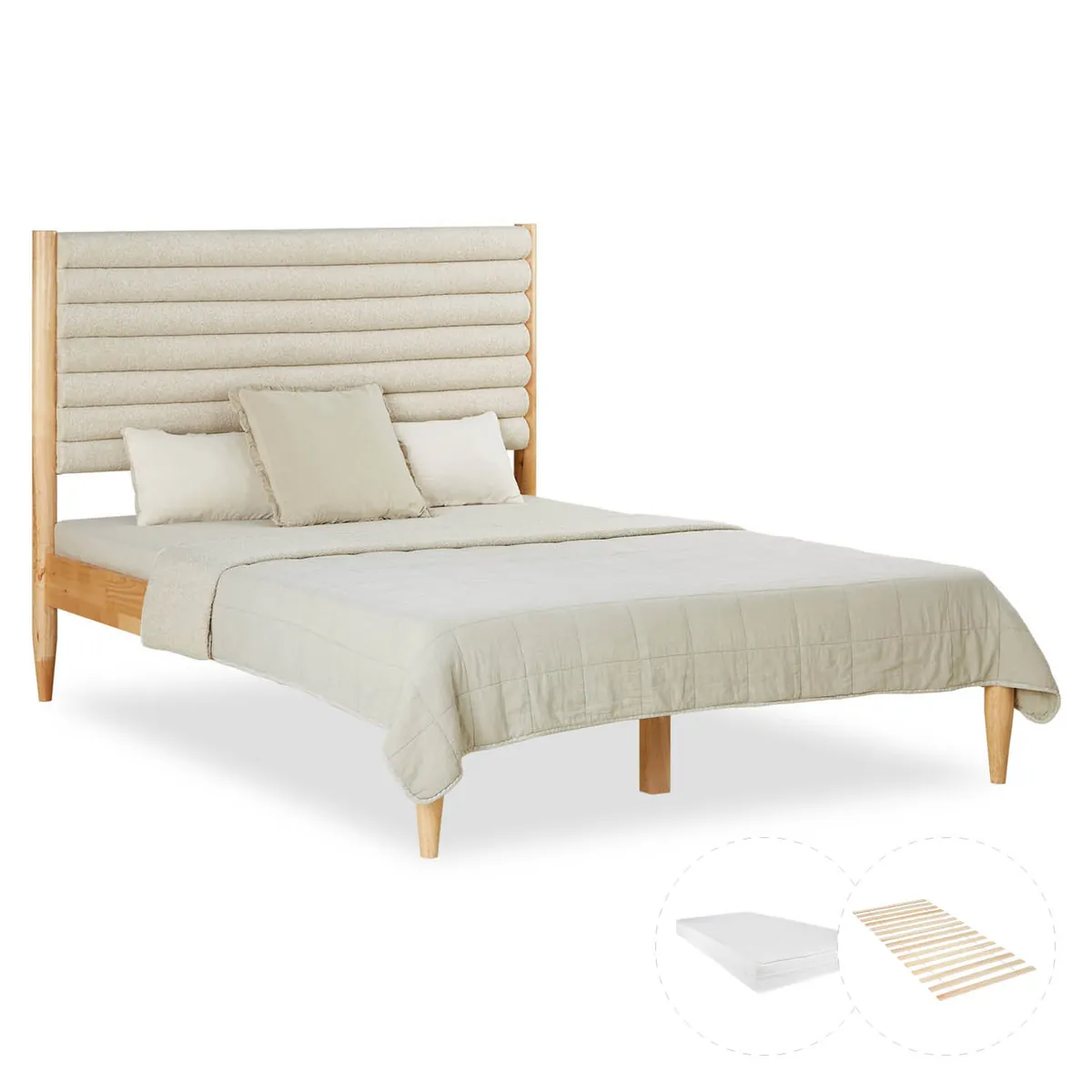 Holzbett mit Polsterkopfteil 140x200 cm Eiche Beige Bouclé | mit Lattenrost | mit Matratze