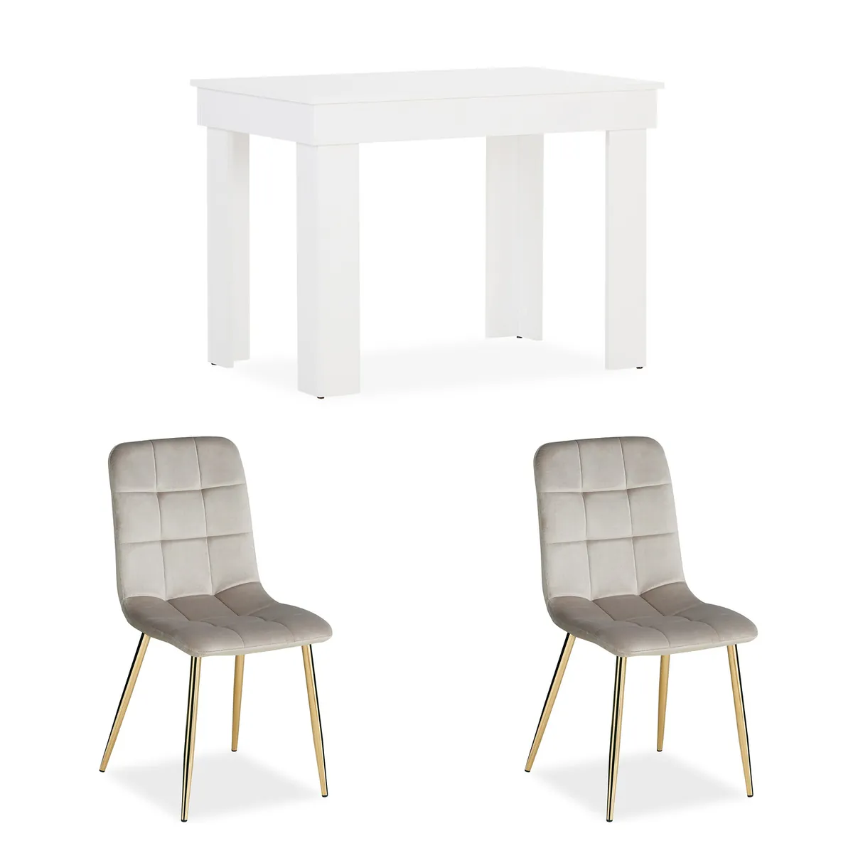 Essgruppe | 2er-Set Polsterstühle Creme Samt ohne Armlehne | Esstisch Weiss 90 x 60 cm