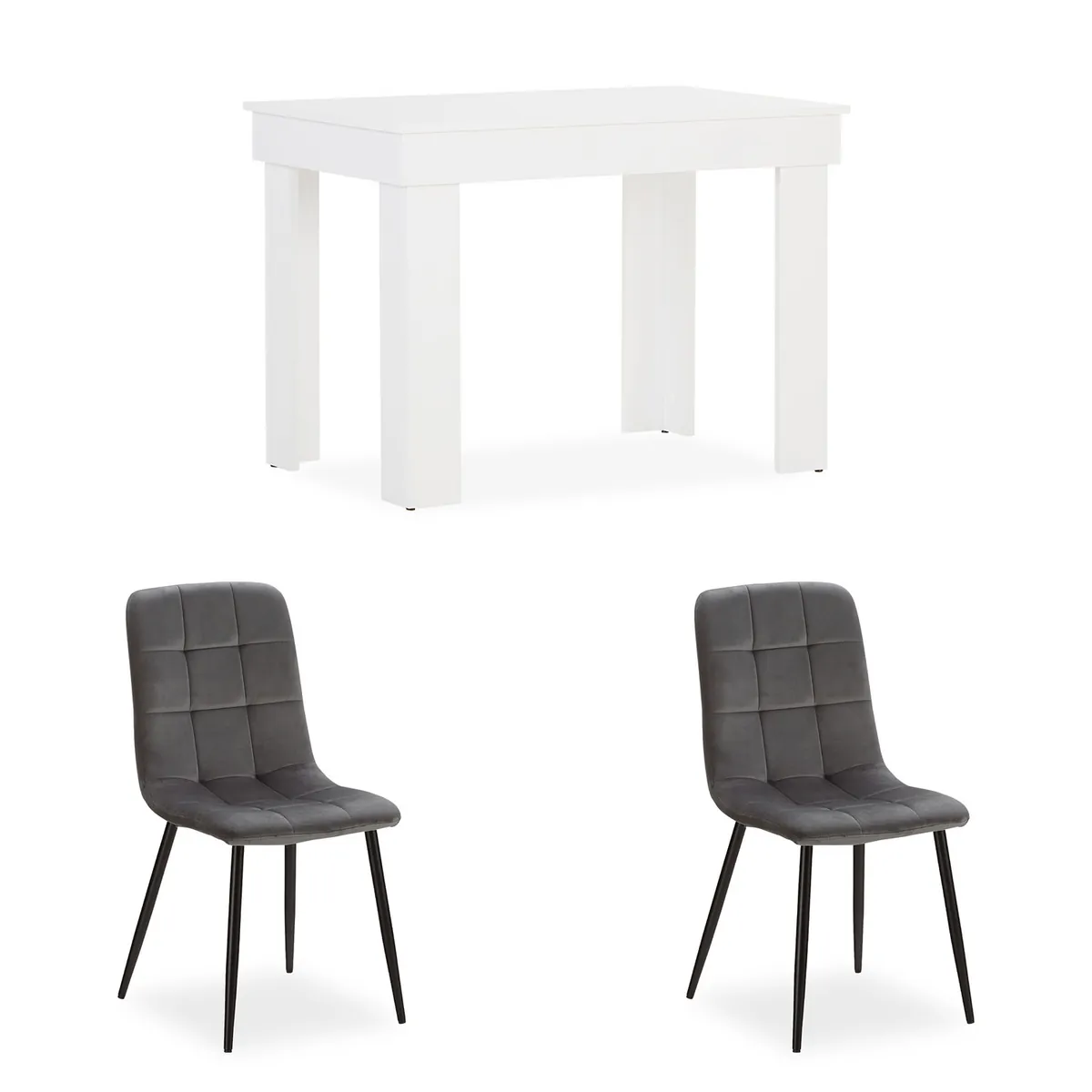 Essgruppe | 2er-Set Polsterstühle Grau Samt ohne Armlehne | Esstisch Weiss 90 x 60 cm