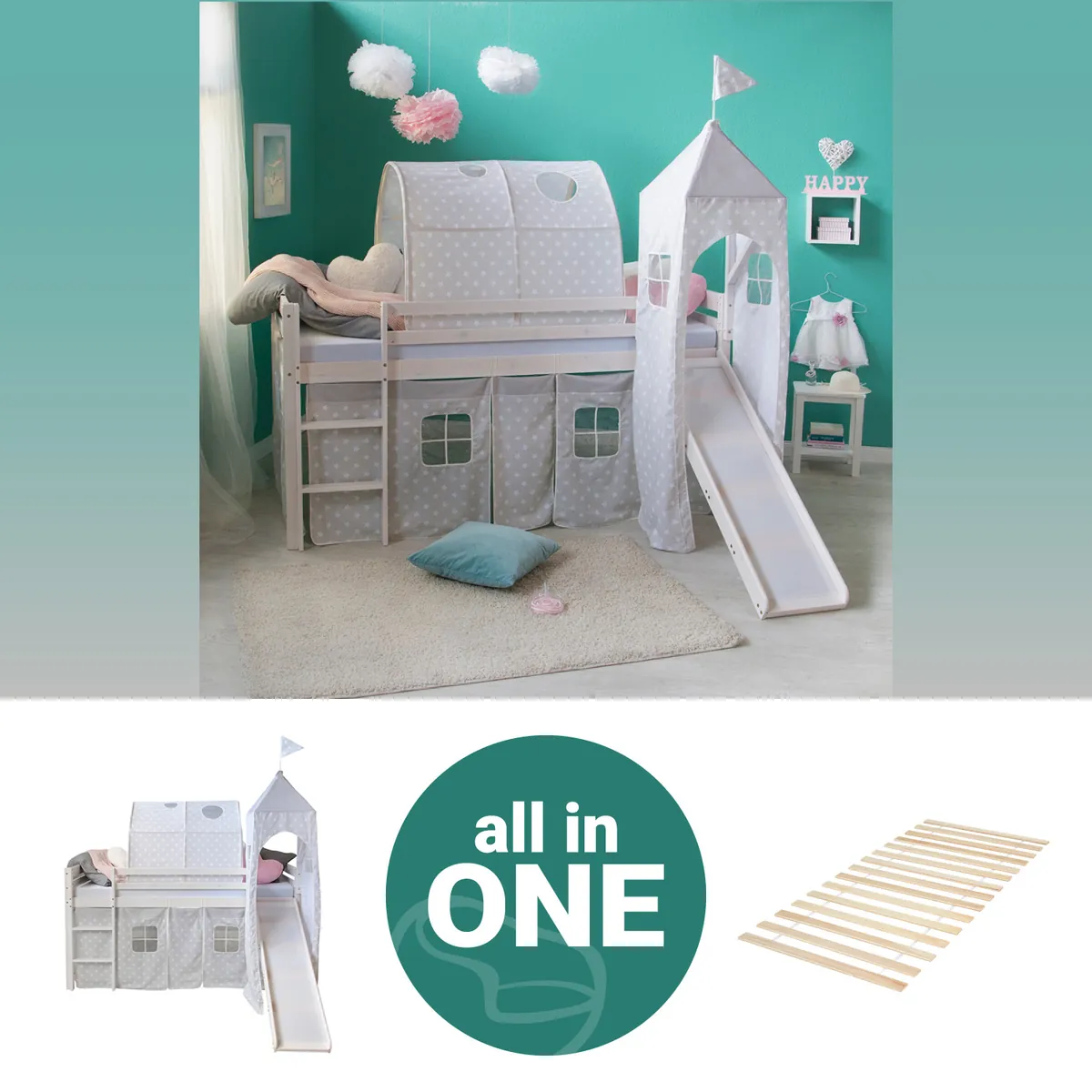 Hochbett Kinder 90x200 cm Weiss mit Vorhang Sterne | Tunnel | Turm | Rutsche | mit Lattenrost