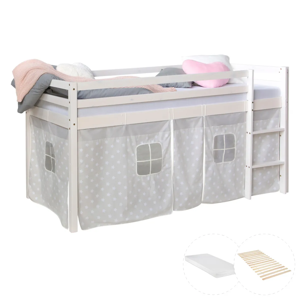Hochbett mit Matratze 90x200 cm Weiss Leiter Vorhang Sterne grau Lattenrost