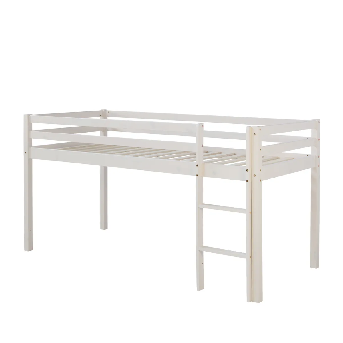 Hochbett mit Matratze 90x200 cm Weiss Tunnel Vorhang grau Sterne Lattenrost