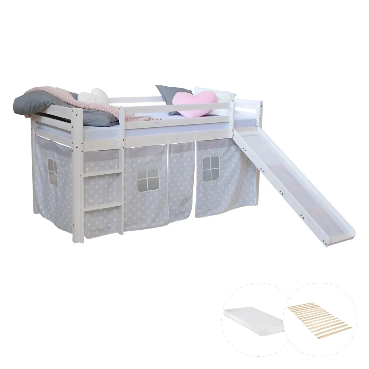 Hochbett mit Matratze 90x200 Rutsche Weiss Vorhang grau Sterne Lattenrost