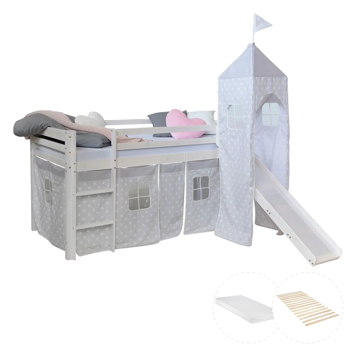 Hochbett mit Matratze 90x200 Turm Rutsche Stockbett Weiss Vorhang grau Sterne Lattenrost