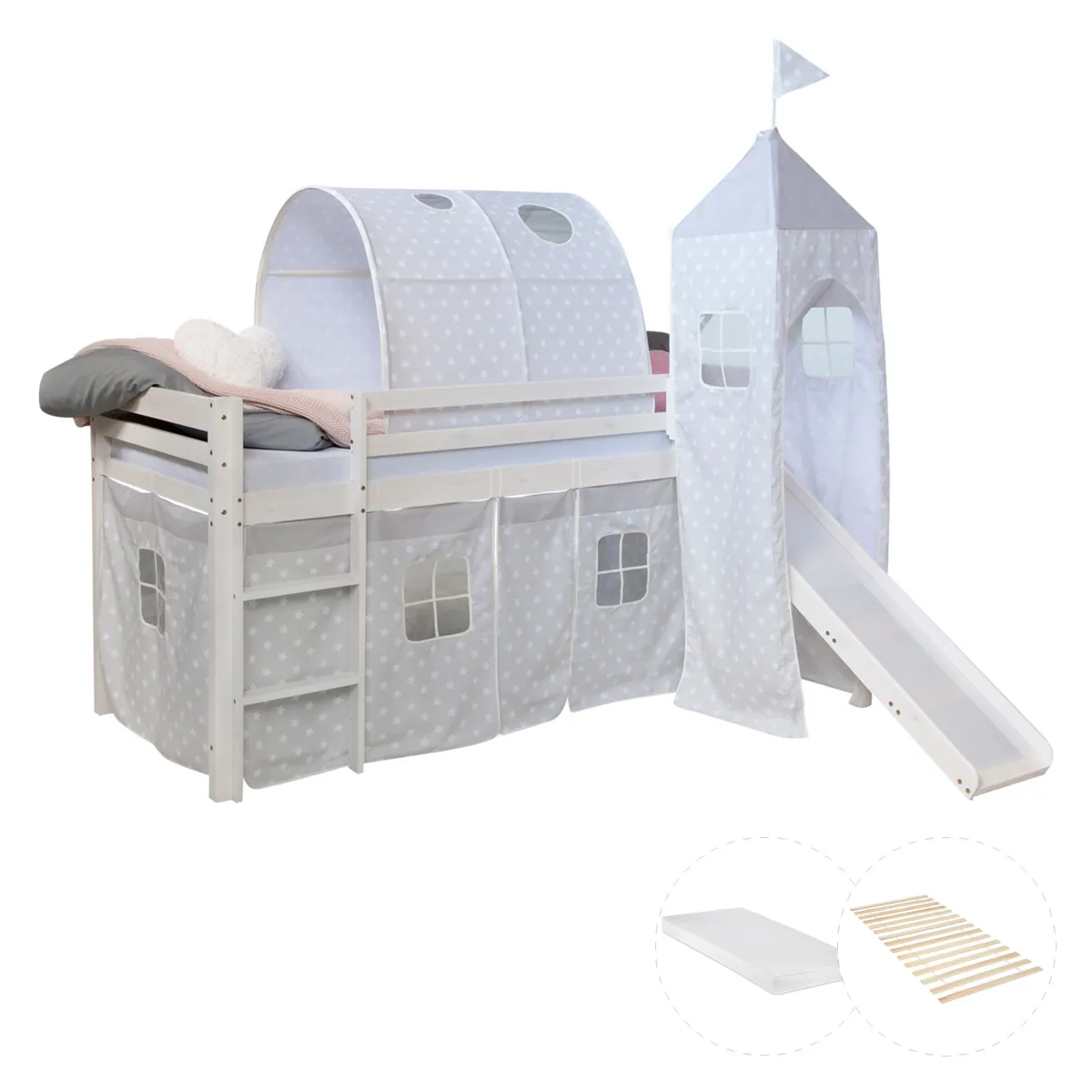 Hochbett mit Matratze 90x200 Turm Tunnel Rutsche Weiss Vorhang Sterne grau Lattenrost