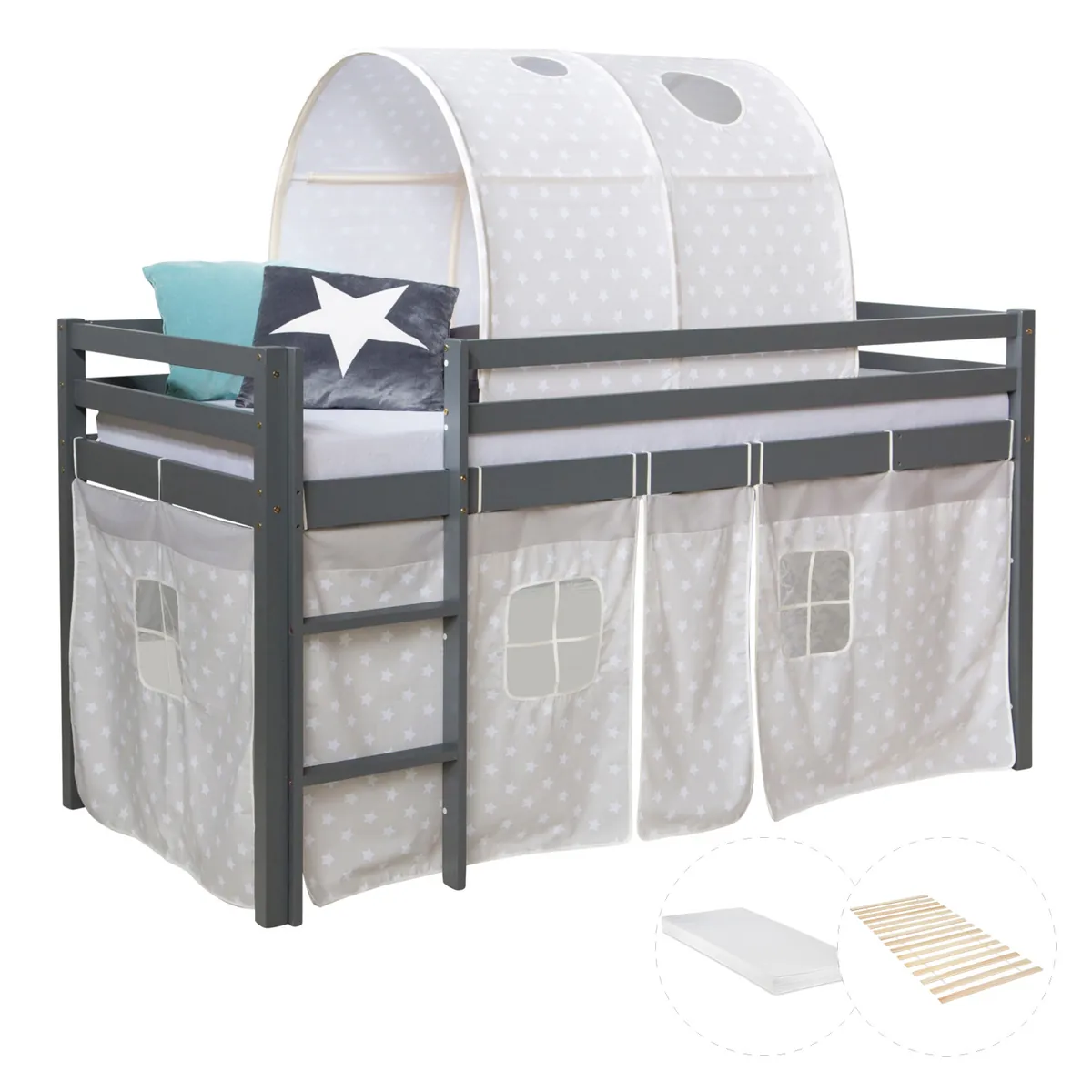 Hochbett mit Matratze 90x200 cm Grau Tunnel Vorhang Sterne Lattenrost