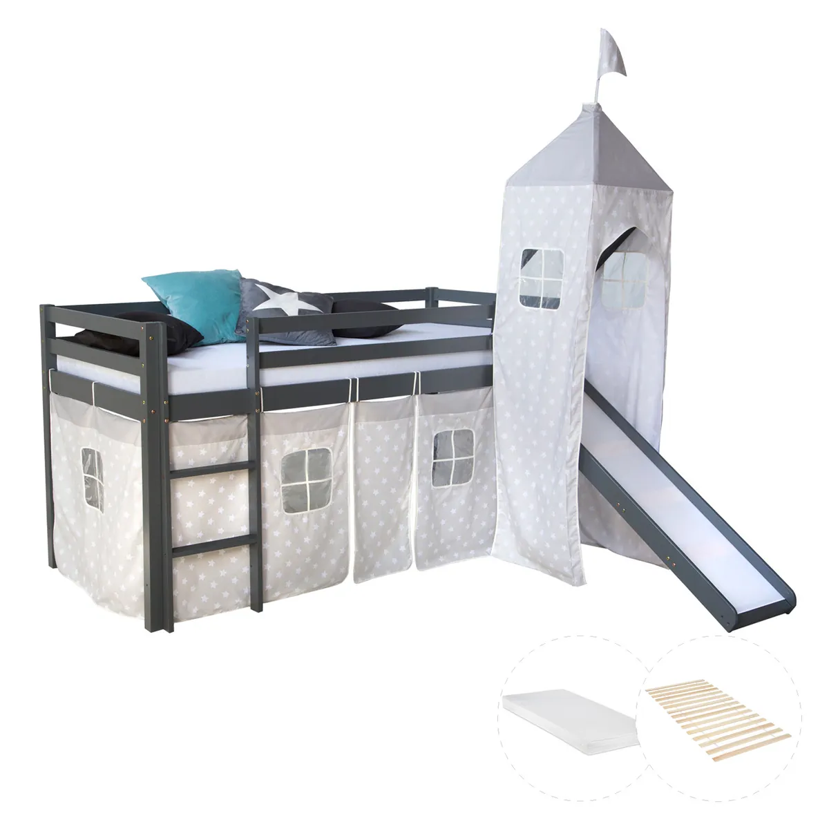 Hochbett mit Matratze 90x200 Turm Rutsche Grau Vorhang Sterne Lattenrost